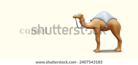 Poster with realistic camel, side view. 3D figurine of humpbacked pack animal. Saddled dromedary. Horizontal web template with space for advertising text