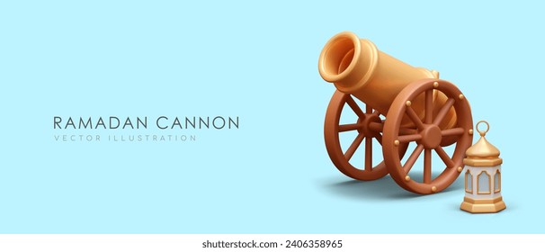 Poster with realistic cannon on blue background with place for text. Ramadan gold lantern. Religion celebration concept. Vector illustration in 3d style