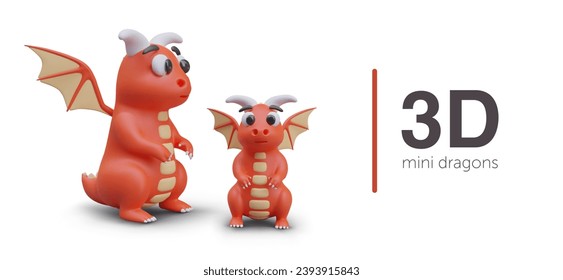 Poster with realistic cartoon models of red dragons in different sizes. Attribute and totem of new year. Cute model of dragon, zodiac sign. Vector illustration in 3d style on white background