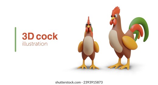 Poster with realistic cock in different positions. Farm rooster, composition with fighting cock. Poster with cute cock and place for text. Vector illustration in 3D style