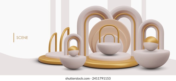 Poster mit realistischer Komposition mit Szenen in beigefarbenen Farben mit goldenen Elementen