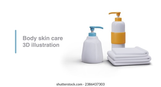 Poster with realistic different plastic bottles for liquid cosmetic and stack of towels. Concept of body skin care. Vector illustration in 3d realistic style with blue and yellow elements