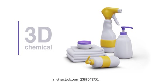 Poster with realistic different plastic bottles for liquid cosmetic, stack of towels, spray bottle and jar with scrub. Concept of body skin care. Vector illustration in 3d realistic style