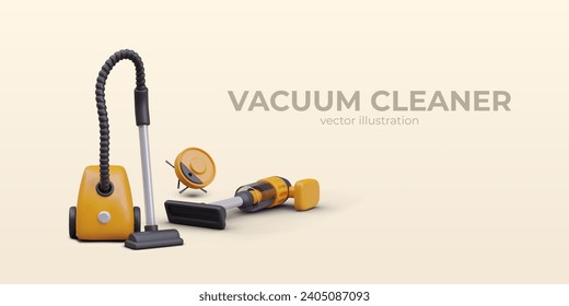 Poster with realistic different vacuum cleaners. Water and vacuum cleaner concept. Room cleaning equipment. Vector illustration in realistic 3d style with yellow background and place for text