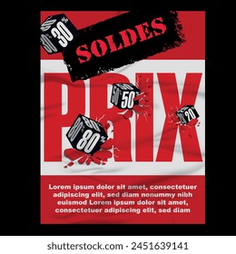 Poster with a realistic effect and 3D relief to announce sales with its reduced prices - French text - translation sales, prices.