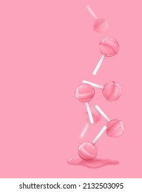 Poster with realistic falling pink glossy candies on a stick, lollipop. Look like 3d rendering. Vector illustration for card, party, design, flyer, poster, banner, web, advertising.