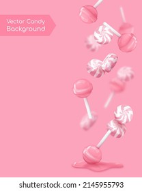 Poster with realistic falling pink glossy candies, lollipop, candies on a stick. Look like 3d rendering. Vector illustration for card, party, design, flyer, poster, banner, web, advertising.