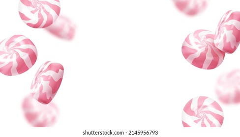 Poster with realistic falling pink glossy candies, lollipop isolated on white background. Look like 3d rendering. Vector illustration for card, party, design, flyer, poster, banner, web, advertising.