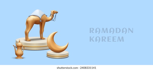 Poster with realistic golden camel, kettle, and moon on stage. Concept of Ramadan Kareem poster with blue background and place for text. Vector illustration in 3d style