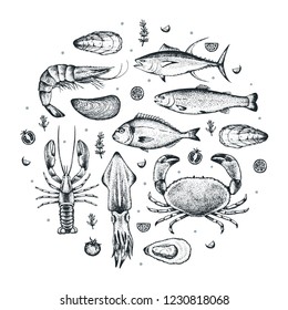 Poster with realistic hand-drawn seafood: tuna, crab, lobster, salmon, oyster, mussel, dorado, shrimp, squid. Seafood silhouettes in round frame. Isolated on white.