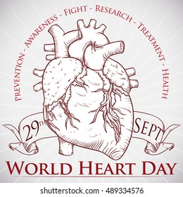 Poster with realistic heart decorated with ribbons in hand drawn and retro style to celebrate World Heart Day in September 29.