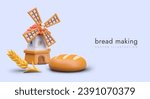 Poster with realistic loaf, yellow wheat and windmill on purple background. Flour making and bread baking concept. Vector illustration in 3d style with place for text