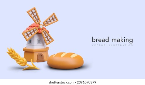 Poster with realistic loaf, yellow wheat and windmill on purple background. Flour making and bread baking concept. Vector illustration in 3d style with place for text