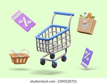 Poster with realistic metal trolley, ticket for big discount, shopping basket and eco paper bag with different food. Vector illustration in 3D style with green background