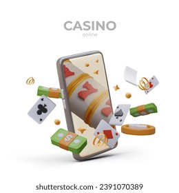 Poster with realistic mobile phone, flying banknotes, gold chips and playing cards. Placard with white background and place for text. Vector illustration in 3D style