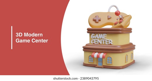 Poster with realistic model of modern game center, white and red background. Play computer game. Model of building. Vector illustration with place for text