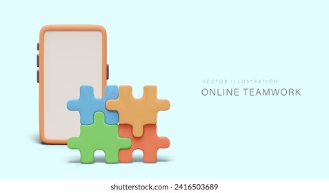 Poster mit realistischem Smartphone-Modell und Puzzles mit grünen, orangefarbenen, blauen und roten Elementen