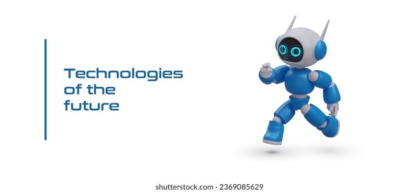 Poster with realistic modern robot running to help. Technology of the future. Assistant and helper. 3d hi-tech concept. Vector illustration in blue colors in 3d style