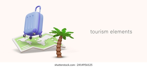 Poster with realistic open paper map, purple trolley bag, and palm. Tourism elements. Travel on summer vacations concept. Vector illustration in 3d cartoon style