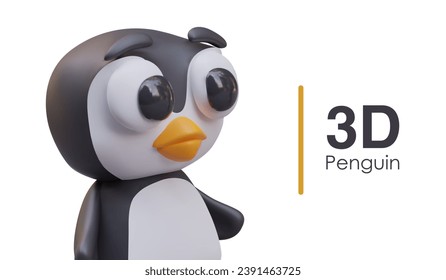 Poster with realistic penguin looking at text on right. Cute bird in black and white colors. Little penguin cartoon character. Vector illustration in 3D style