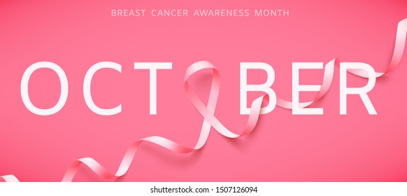 Poster with realistic pink ribbon. Symbol of national breast canser awareness month in october. Vector illustration.