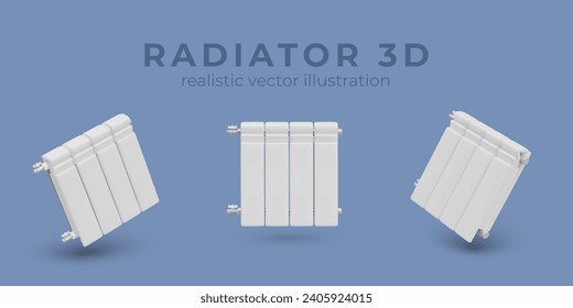 Poster with realistic radiator in different positions. Battery for central home heating. White radiator equipment on blue background with place for text. Vector illustration in 3d style