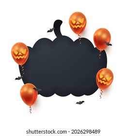 Afiche con globos realistas rojos, anaranjados, jengibre, cintas, confeti de murciélago y calabaza cortada de papel negro. Ilustración vectorial para tarjeta, fiesta de Halloween, diseño, volante, afiche, banner, web, publicidad. 