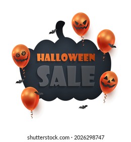 Poster with realistic red, orange, ginger balloons, ribbons, bat confetti and black paper cut pumpkin. Vector illustration for card, Halloween party, design, flyer, poster, banner, web, advertising. 