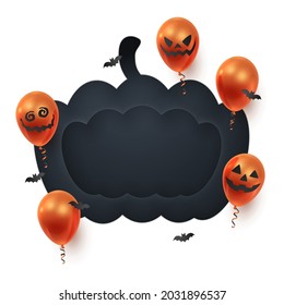 Poster with realistic red, orange, ginger balloons, ribbons, bat confetti and black paper cut pumpkin. Vector illustration for card, Halloween party, design, flyer, poster, banner, web, advertising. 