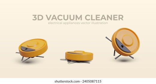 Poster with realistic robot vacuum cleaner in different positions. Professional automatic equipment in yellow colors. Vector illustration in 3d style with place for text