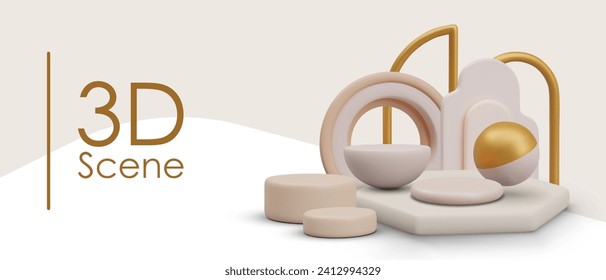 Poster with realistic scene and place for text. Concept of modern design with geometrical figures