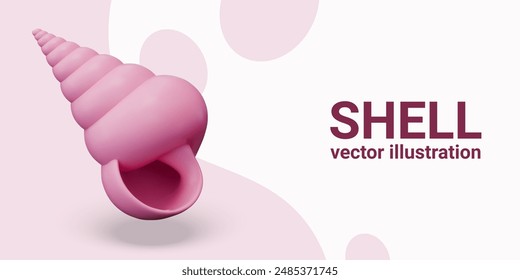 Poster with realistic sharp spiral shell. Pink decorative element from seabed