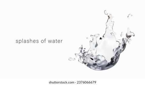 Afiche con salpicaduras realistas de agua cristalina y lugar para el texto. Empresa de publicidad para el concepto de minorista de agua. Elemento de caída de Aqua. Ilustración del vector con fondo blanco