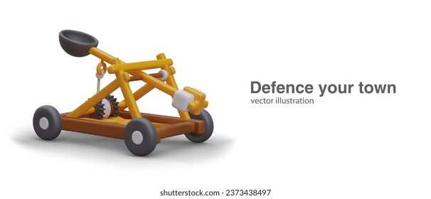 Poster with realistic weapon for throwing projectiles over long distances. Defense your town concept. Vector illustration with white background with place for text