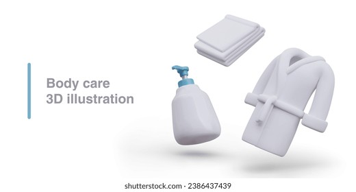 Poster with realistic white bathrobe, towel and bottle with dispenser. Wellness and spa. Body care concept. Vector illustration in 3d realistic style with place for text