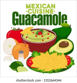 Poster recipe of guacamole, specialty of Mexican cuisine, with the food necessary for its manufacture.