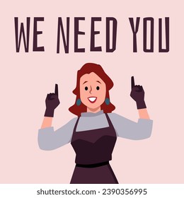 Poster for recruiting employees and we need staff advertising. Template for open vacancy and recruitment announcement on social networks, flat vector illustration.