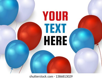 Poster with red, blue and white balloons. Vector illustration