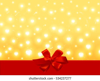 poster with red bow and ribbon, Glowing hearts Lights on gold 