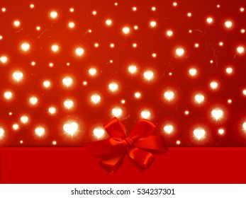poster with red bow and ribbon, Glowing hearts Lights on red 