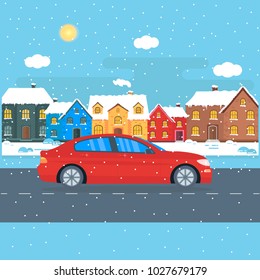 Poster with a red car in the city. Public taxi service concept. Cityscape  with snow on winter background. Flat vector illustration.