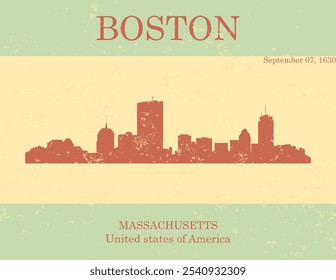 Poster of red colored city skyline of city of Boston with cream and green grunge style background with inscription of the name of the city, date of establishment and US state