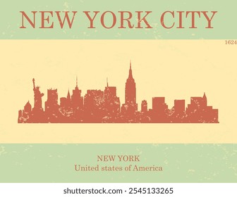 Poster of red colored city skyline of city of New York City with cream and green grunge style background with inscription of the name of the city, date of establishment and US state