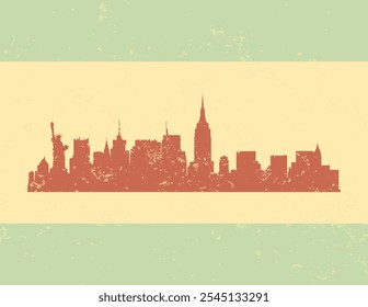 Cartaz do horizonte vermelho da cidade de Nova York com fundo em estilo grunge creme e verde