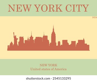 Poster of red colored city skyline of city of New York City with cream and green background with inscription of the name of the city, date of establishment and US state