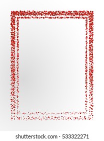 Poster with red confetti, sparkles, glitter frame and space for text on white background. Vector illustration. Elements for banner, design, logo, card, web, invitation, business, party.