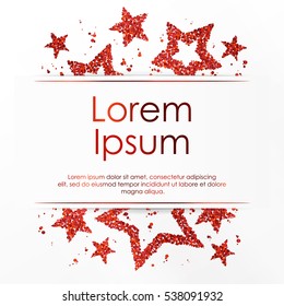 Poster with red confetti, sparkles, glitter frame and space for text on white background. Vector illustration. Elements for banner, design, logo, card, web, invitation, business, party.