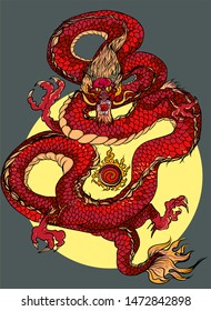 Poster Red dragon is Magical creatures known in Chinese and Western literature.Dragon Animal tattoo design.Chinese dragon vector.