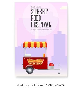 Poster with red fast food cart on backdrop of big city. Template for street food festival. Vehicle with hot dog logo for street market, advertising design. Vector 3d illustration