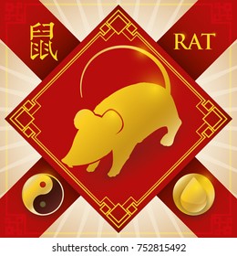 Poster with red good luck charm and golden silhouette of Chinese zodiac animal: Rat (written in Chinese calligraphy) with a drop for the fixed element: water and Yang symbol.
